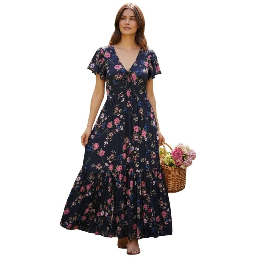 Gap Tiered Maxi‎ Dress Womens Small Navy Floral Tie Front Flutter Sleeve Prairie